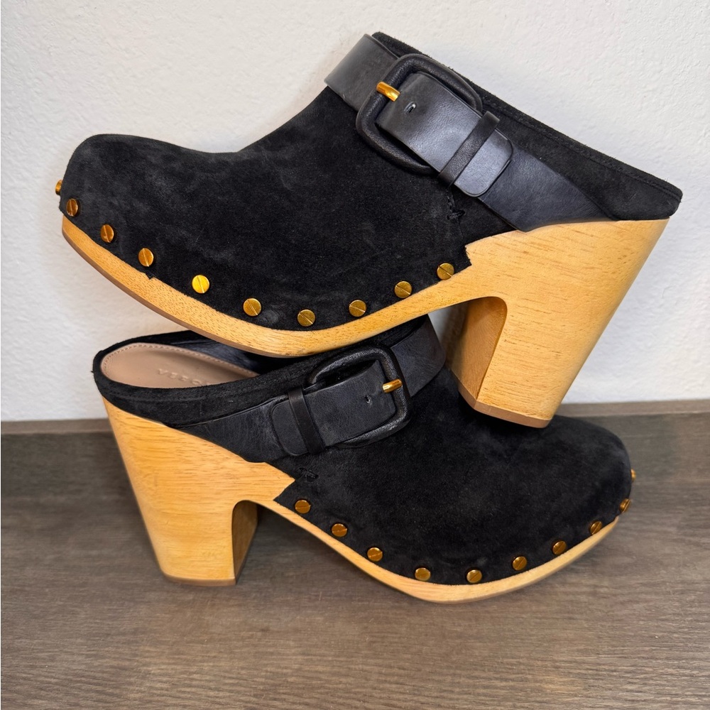 NEW Veronica Beard Black Suede Darcy Mule/Clog Wood Platform Gold Studs - Picture 5 of 10
